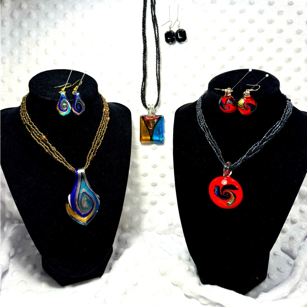 Lot of 3 Sets of Artisan Glass Pendant Necklaces and Earrings
